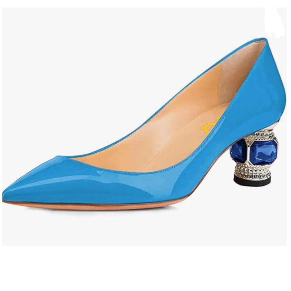 FSJ Blue Bridal Pointed Toe Low Heel Crystal Pumps Slip on Wedding Comfort Shoes